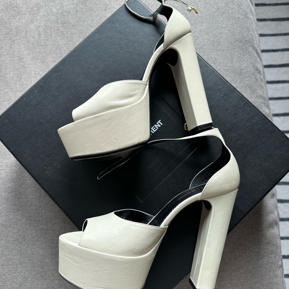 SAINT LAURENT 2022 PLATFORM OPEN TOE HEELS- PEARL - Picture 2 of 5